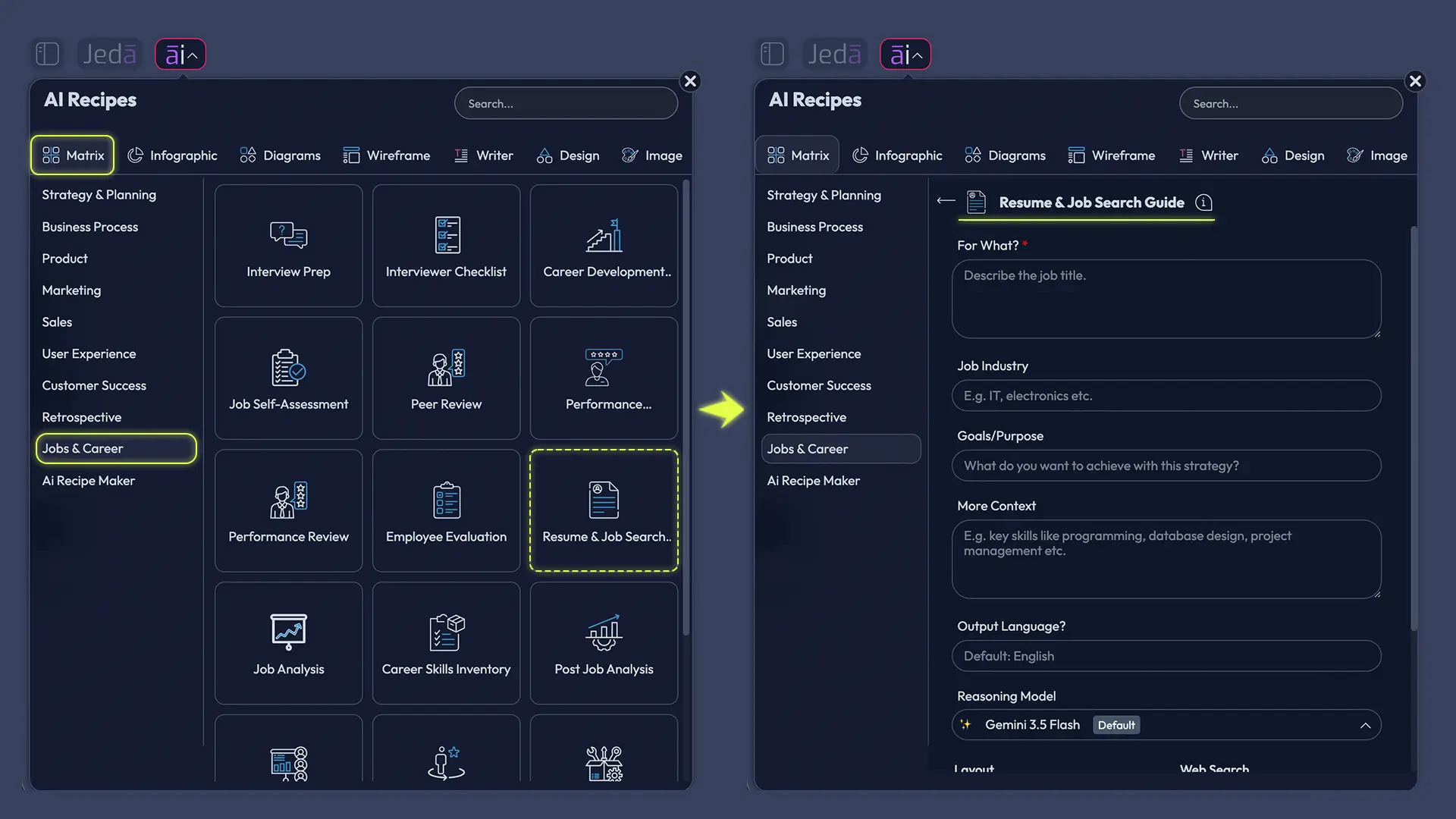 Resume and Job Search Guide with AI recipe fields and controls