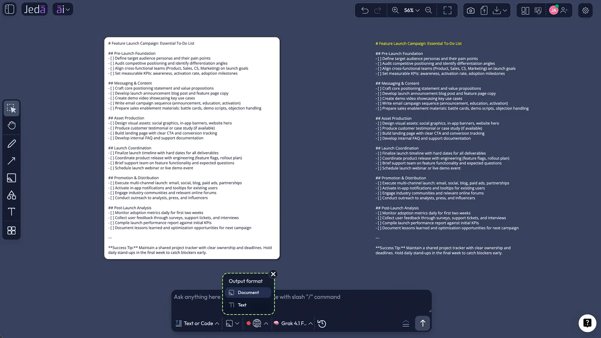 Document and text output for an AI to do list