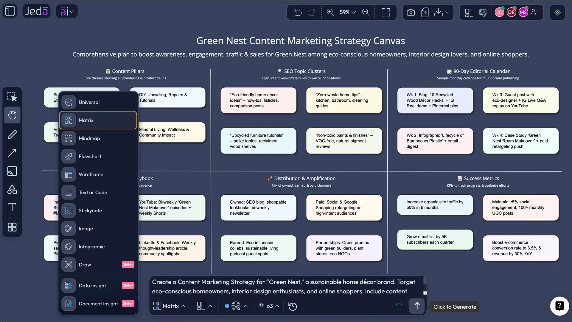 Jeda.ai Prompt Bar showing Matrix command to generate content marketing strategy