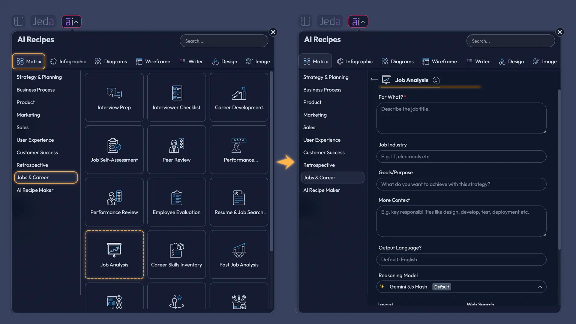 Job Analysis with AI recipe fields and controls