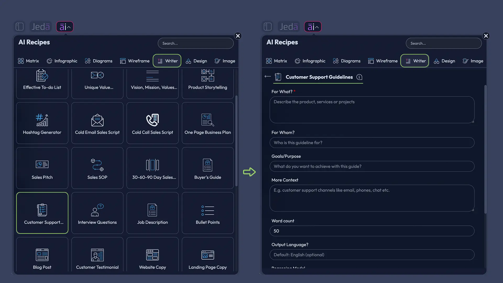 Jeda.ai writer recipe for customer support guidelines