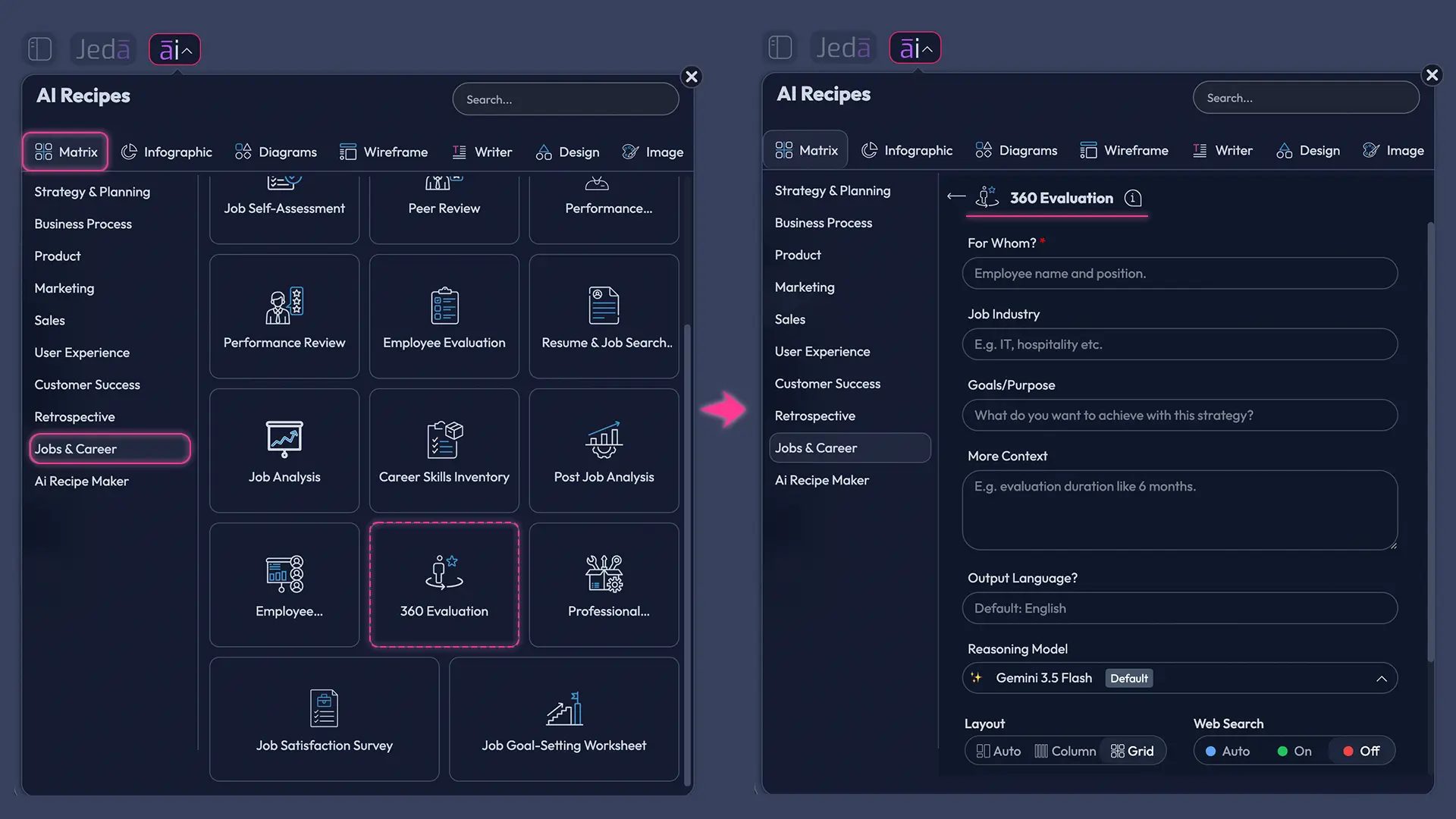 360 Evaluation with AI recipe fields and controls