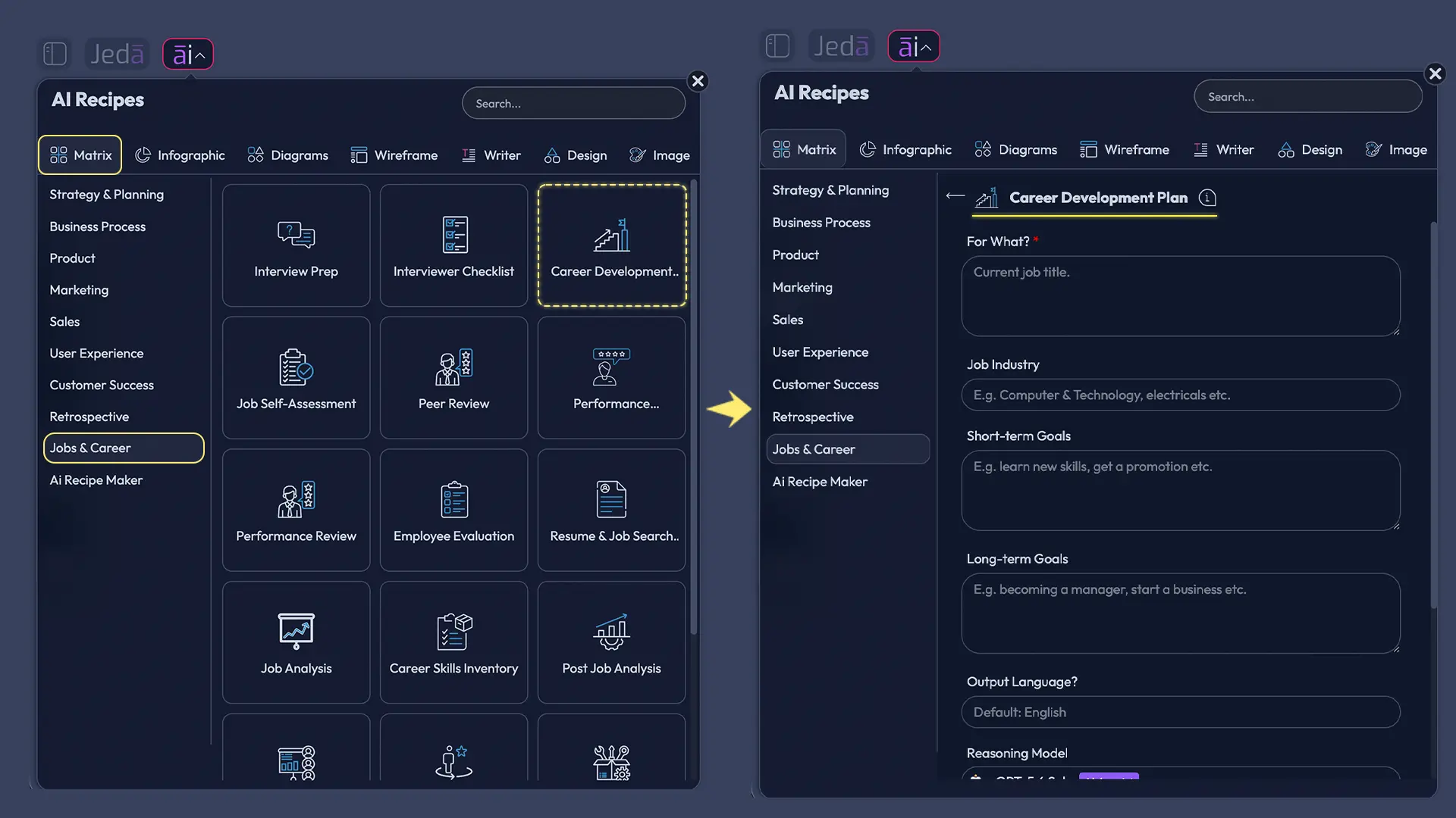 Career Development Plan with AI recipe fields and controls