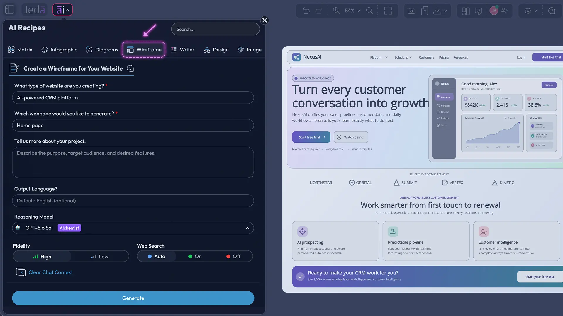 Generate Wireframes with AI from Jeda.ai Wireframe Recipes
