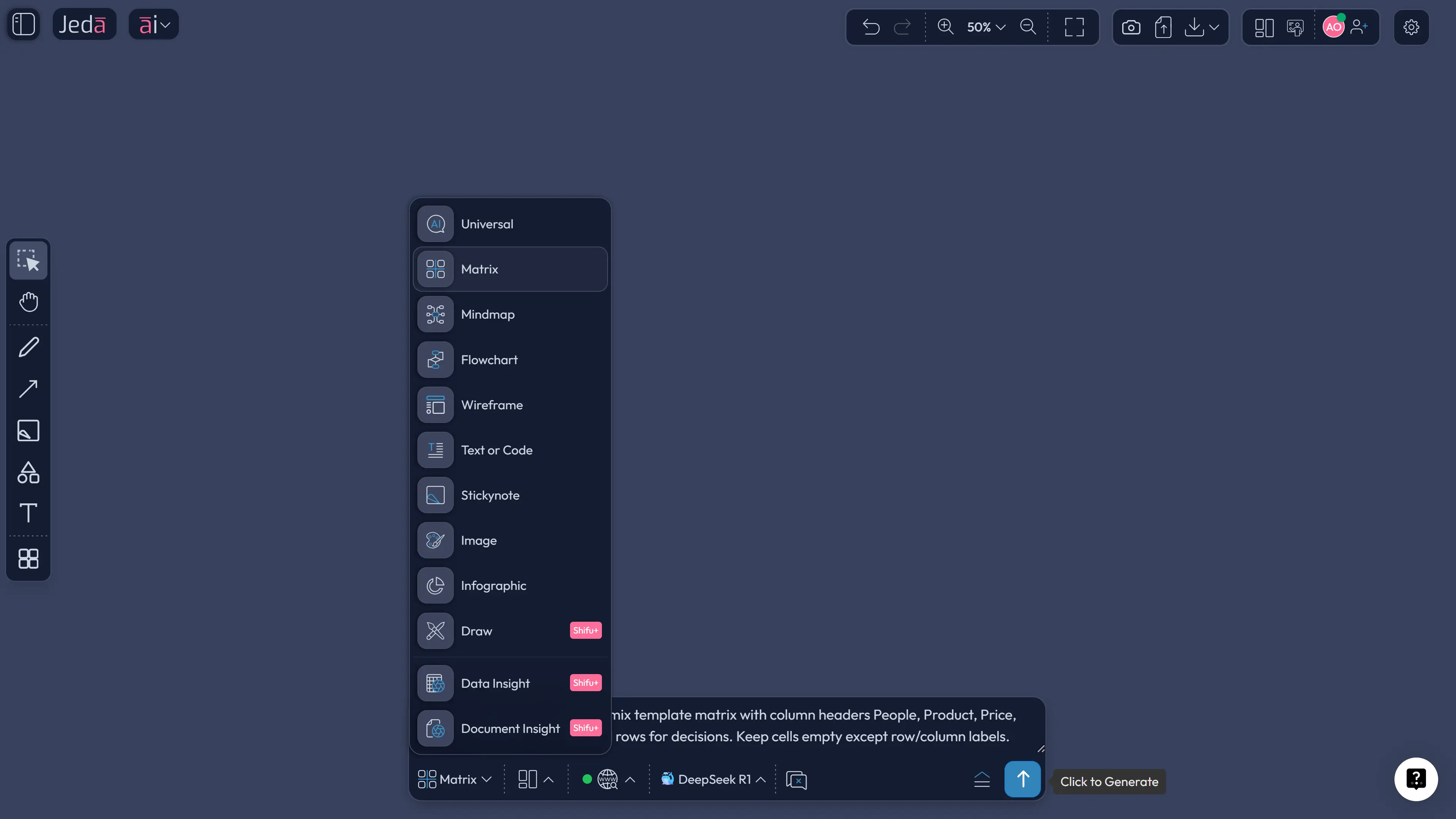 Prompt Bar selecting Matrix command for 5Ps of marketing