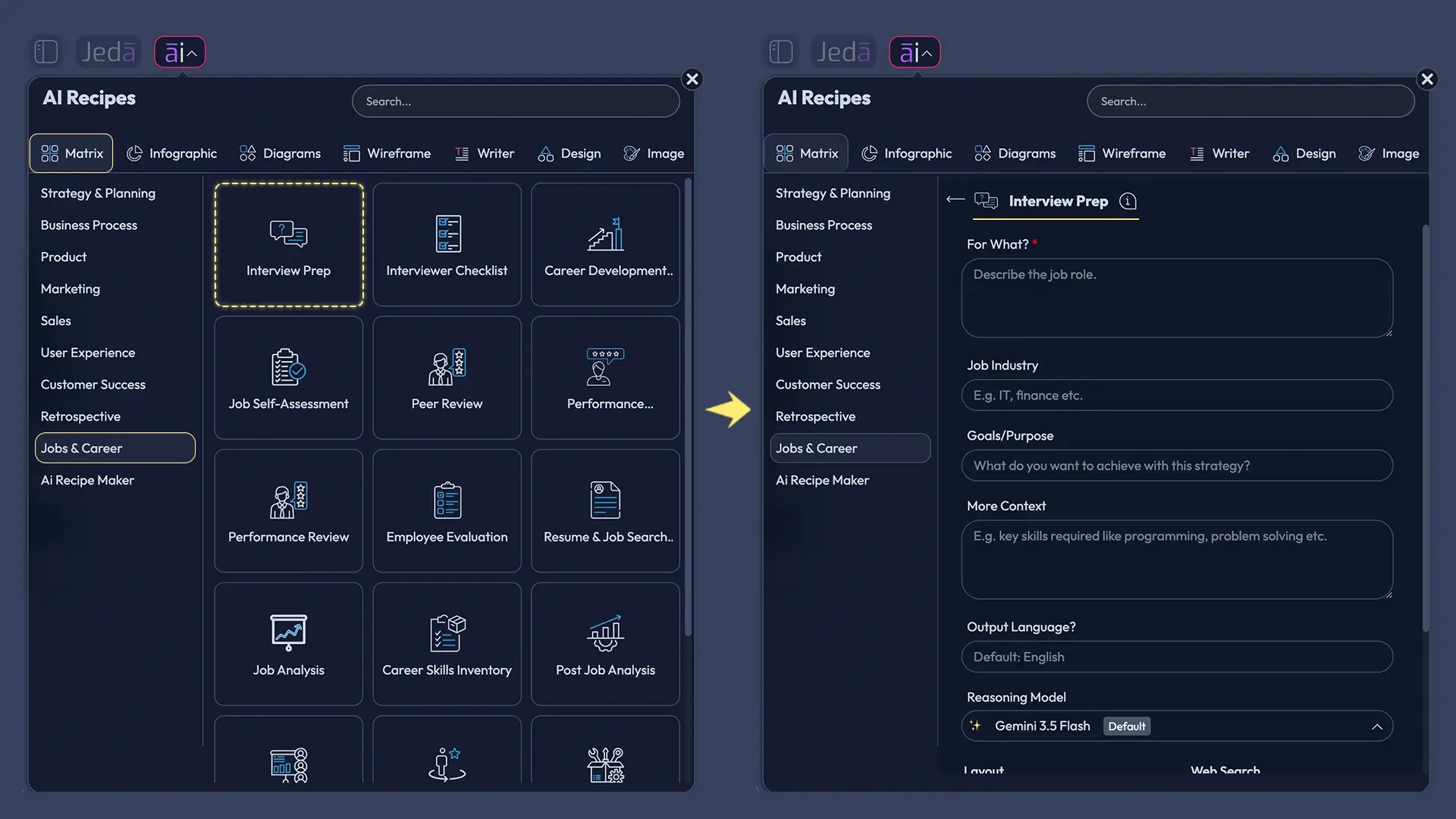 Interview Prep with AI recipe fields and controls