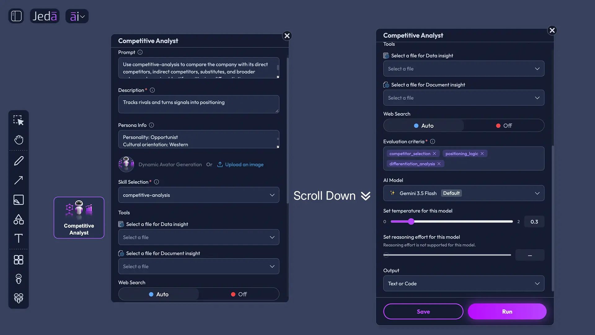 Per-agent temperature and reasoning control panel in Jeda AI
