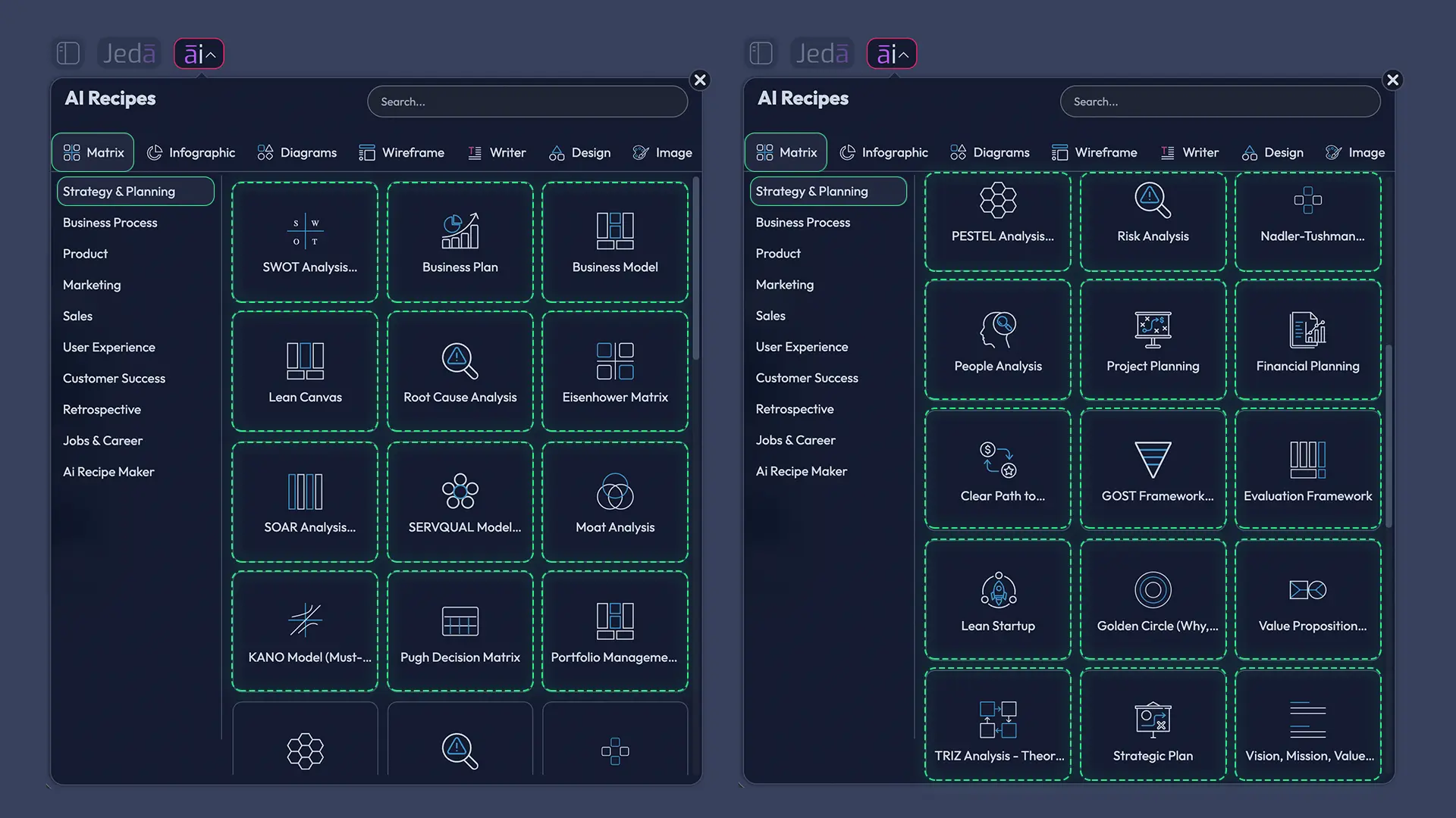 Jeda.ai AI Menu with matrix recipes