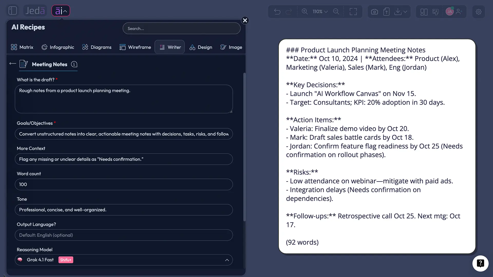 Meeting Notes with AI recipe in Jeda.ai Writer