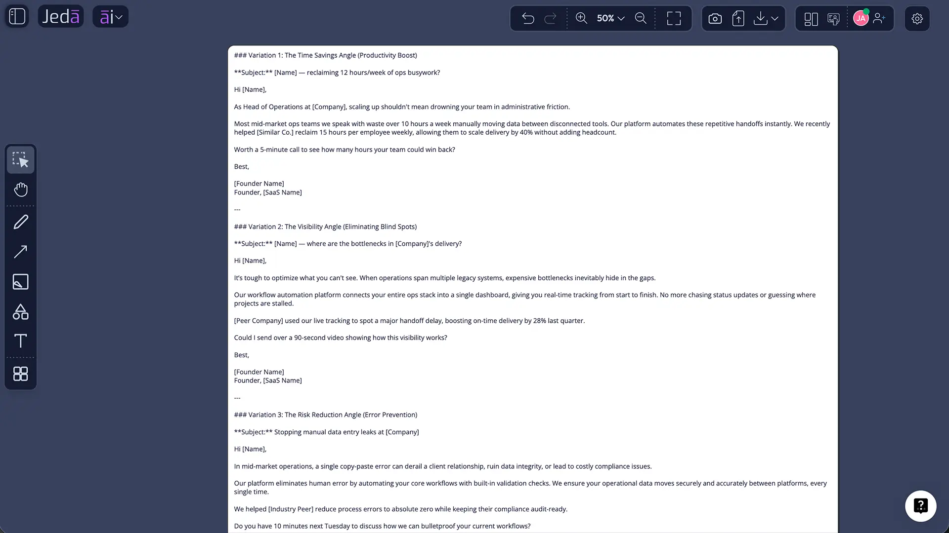 What fields are used in Jeda.ai’s Cold Email Sales Script recipe?