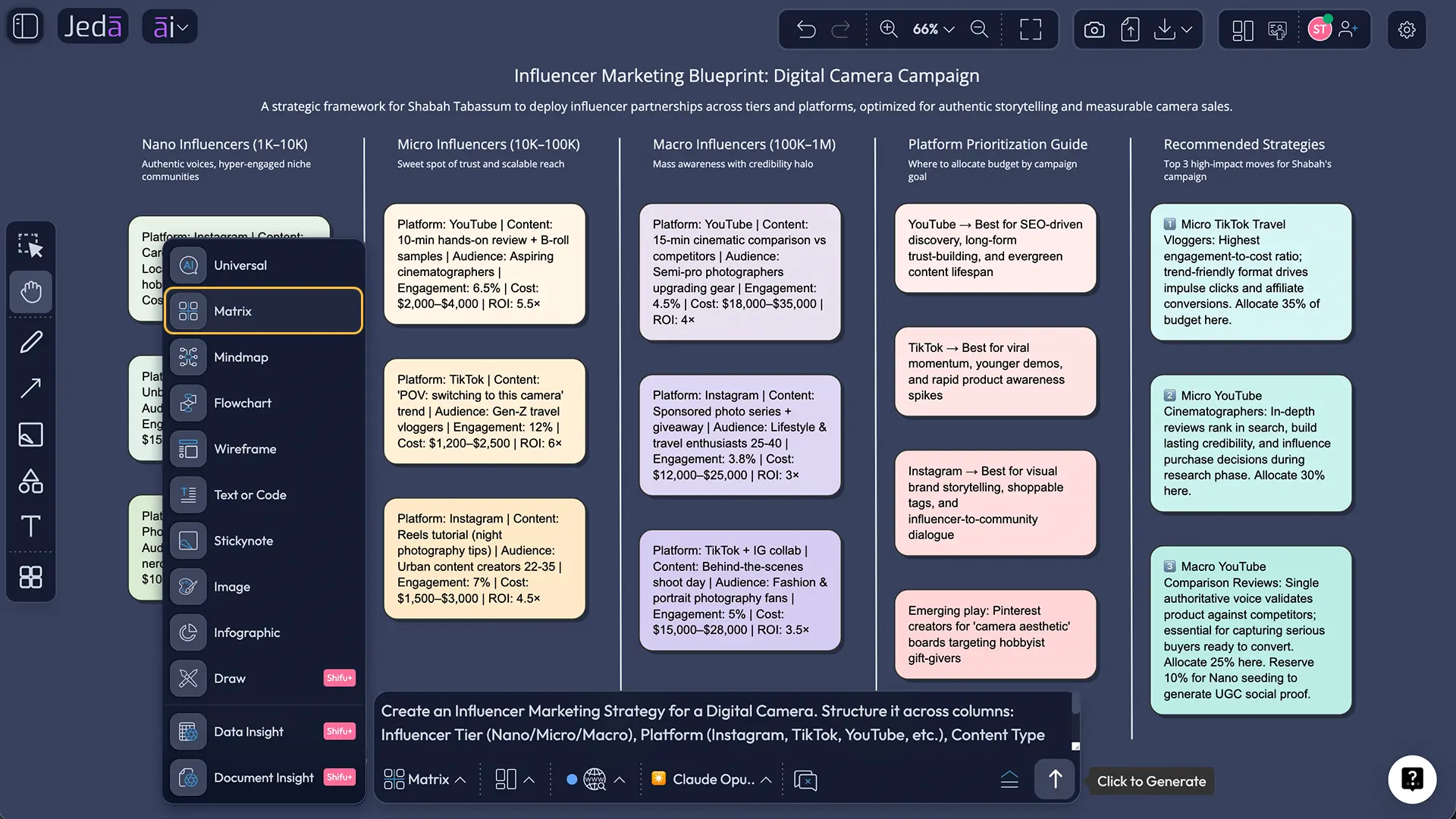 Prompt Bar setup for influencer marketing strategy with AI