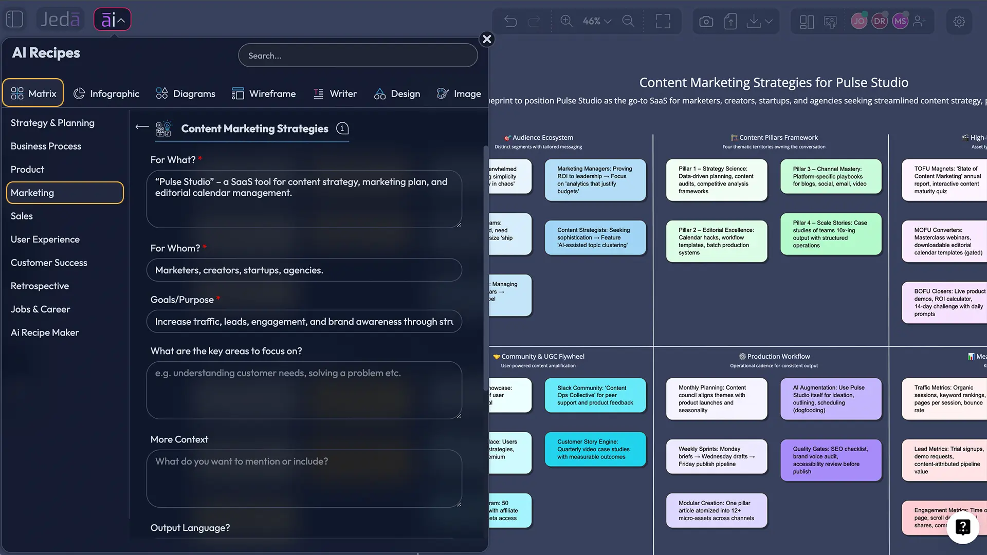 Jeda.ai AI Menu showing Matrix Recipes search for content strategy templates
