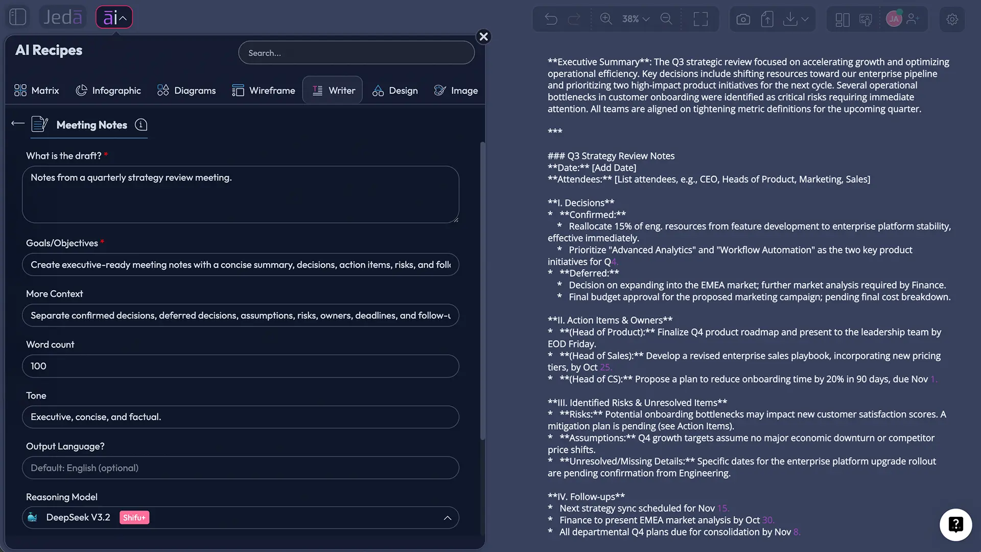 Meeting Notes with AI guided recipe fields
