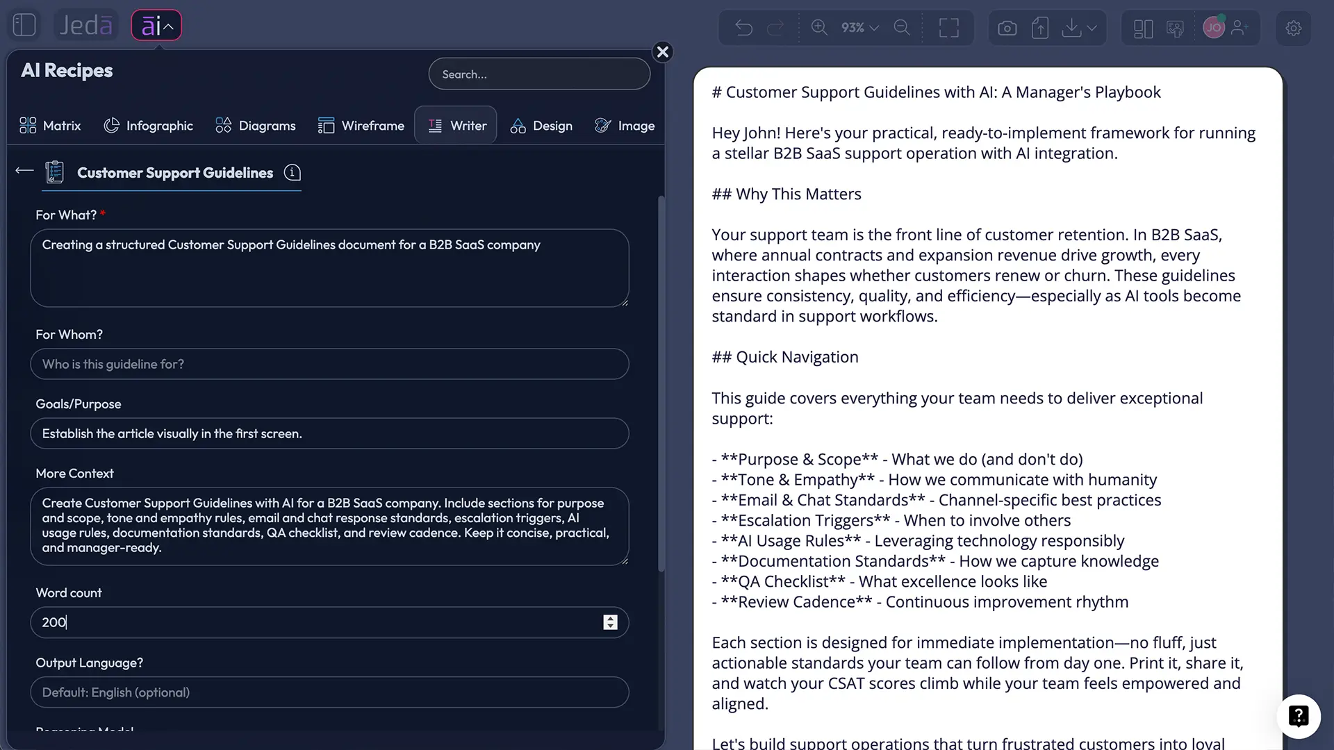 Customer support guidelines with AI document output