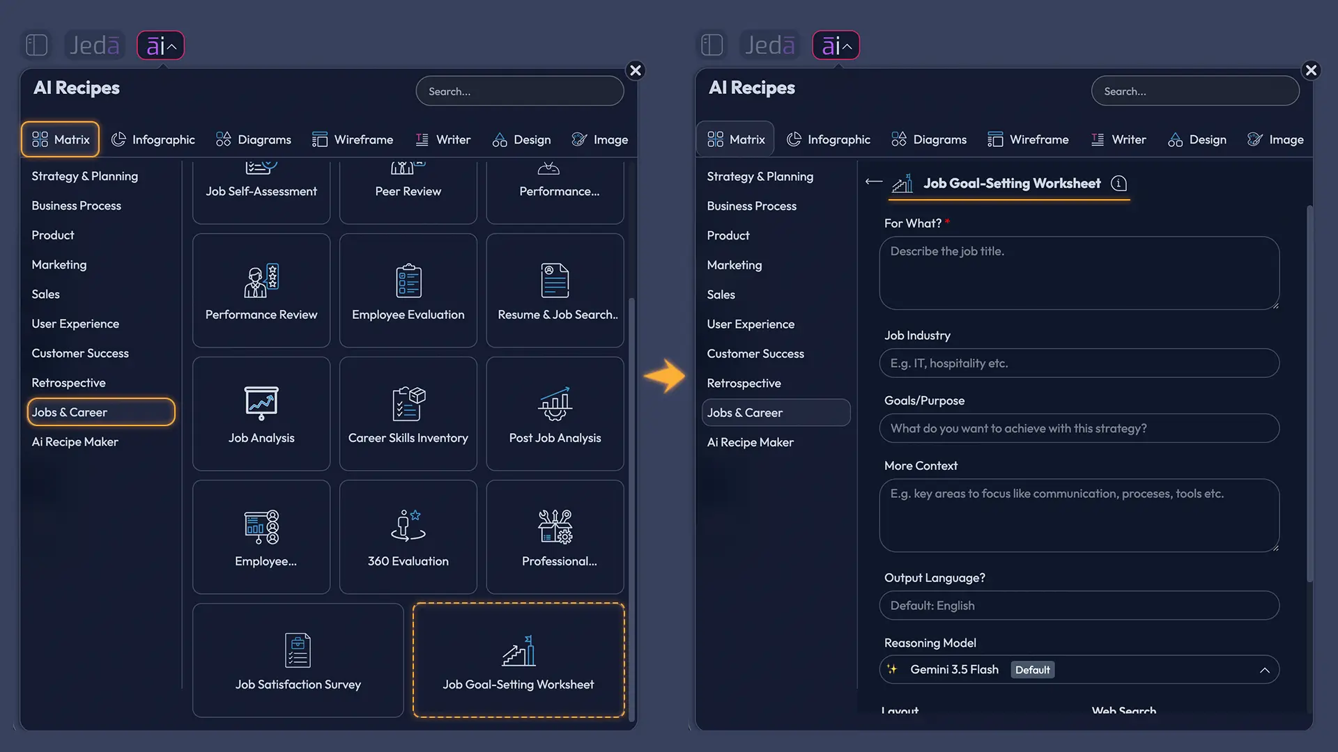 Job Goal Setting Worksheet with AI recipe fields and controls