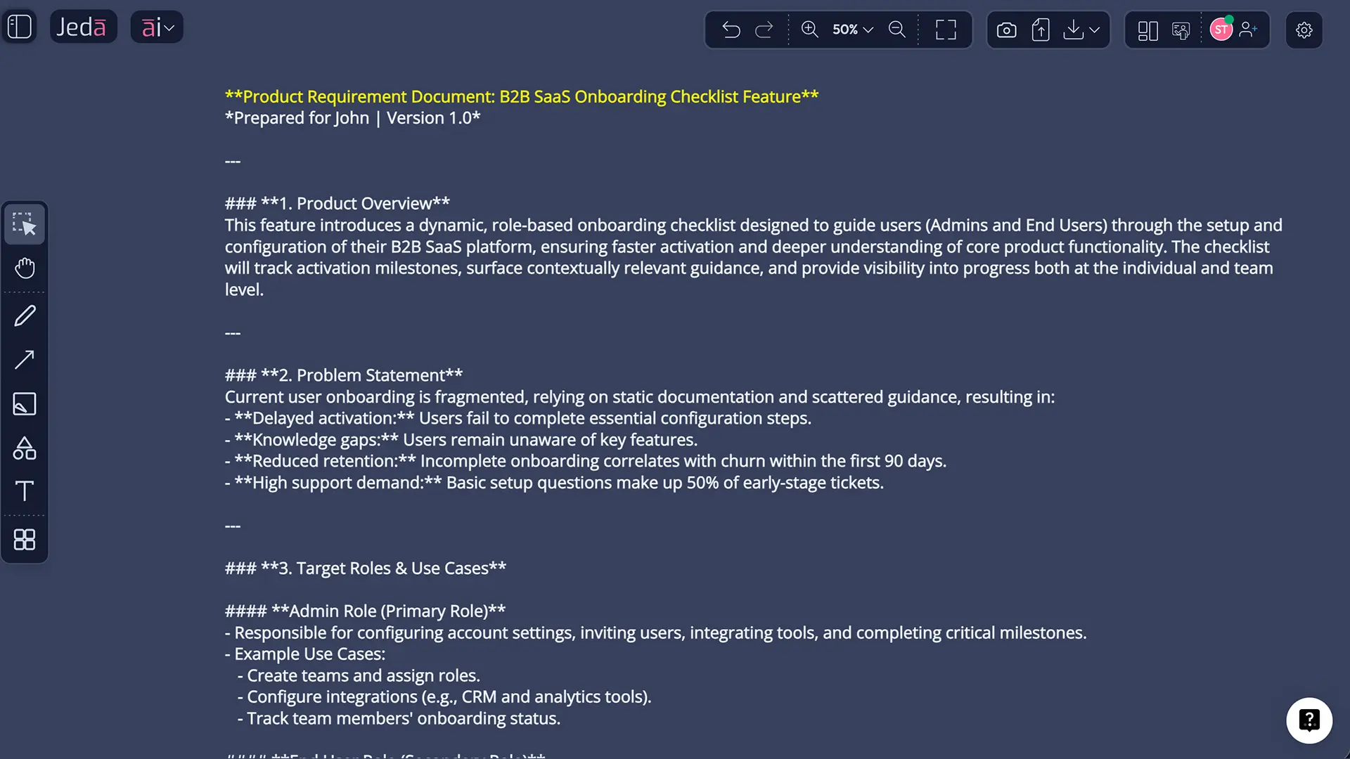 AI-generated product requirements matrix for SaaS project management tool showing user stories functional and non-functional requirements