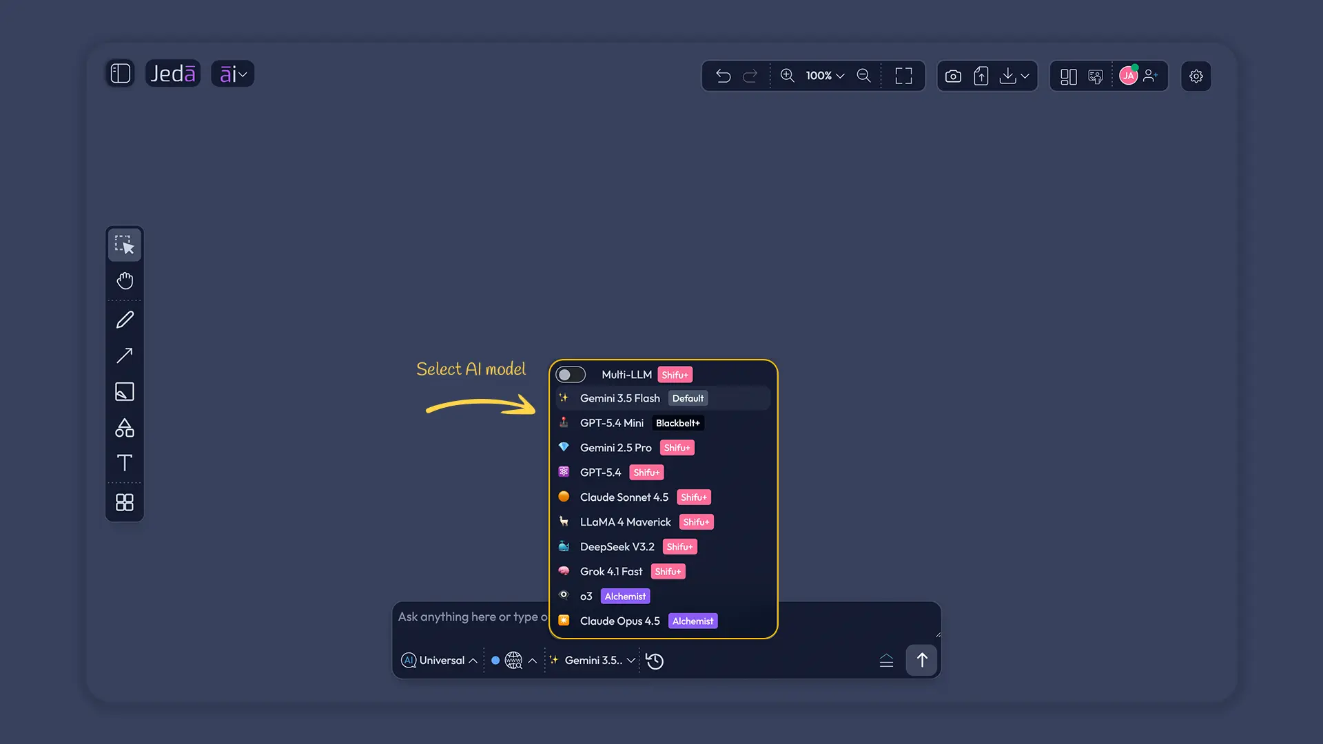 AI Model Selector showing exclusive Alchemist models o3 and Claude Opus 4.5 highlighted in gold