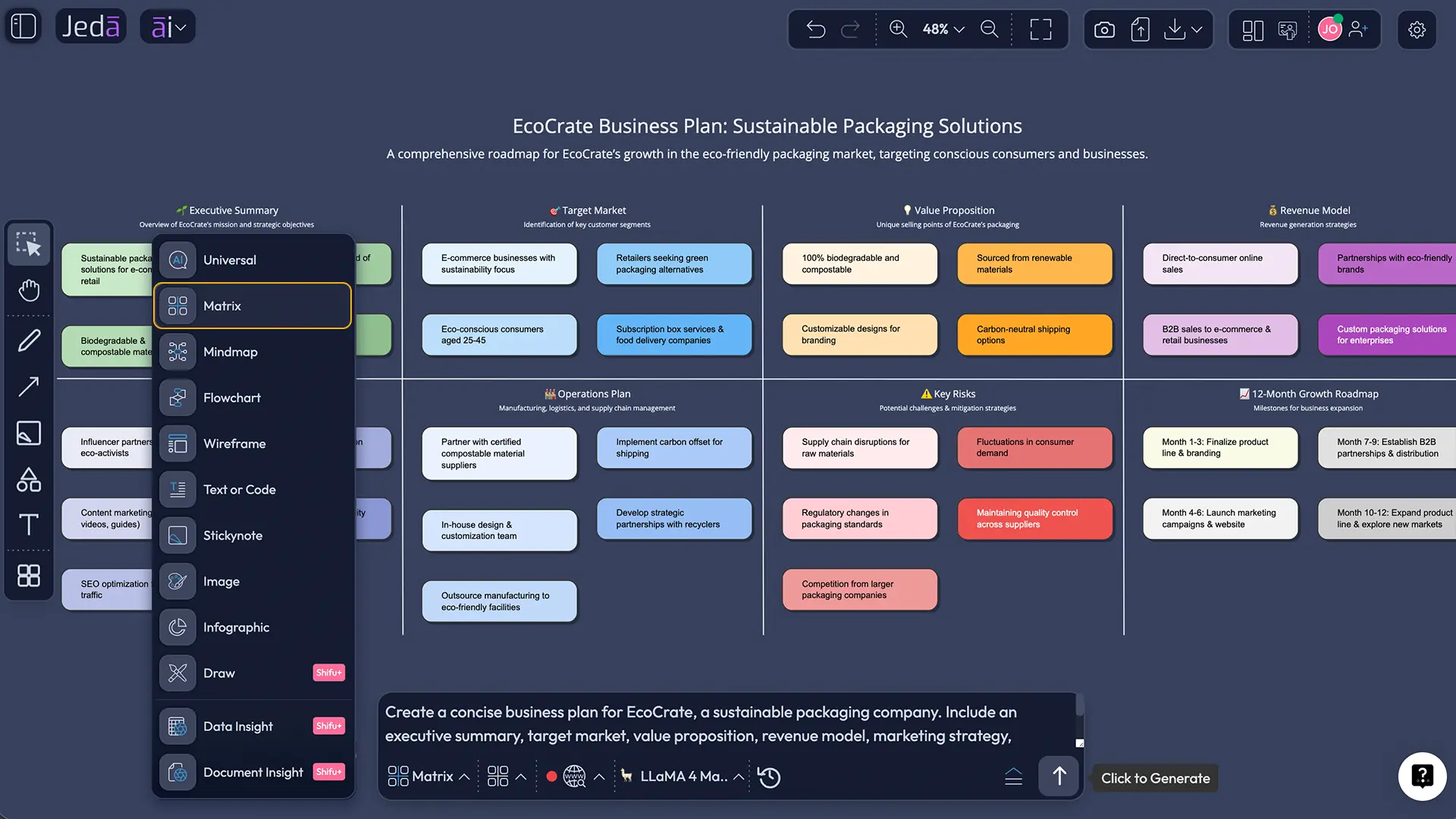 Free AI business plan generator prompt bar in Jeda.ai