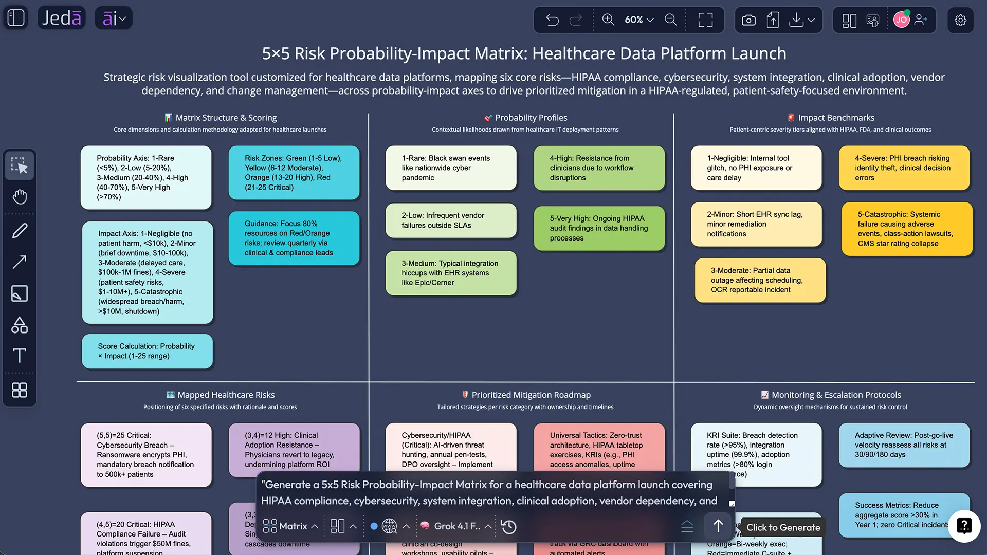 AI-generated 5x5 risk probability-impact matrix for healthcare platform launch