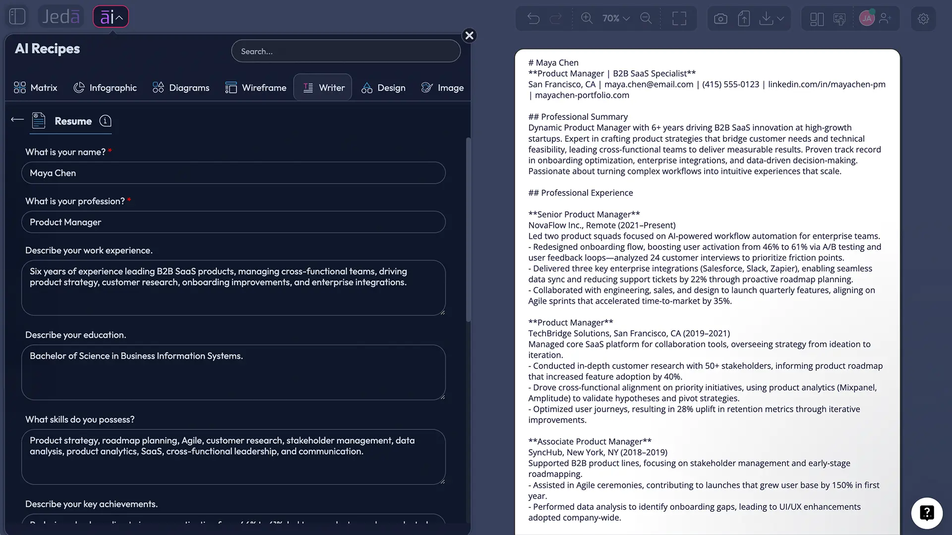 Resume with AI recipe in Jeda.ai Writer tab