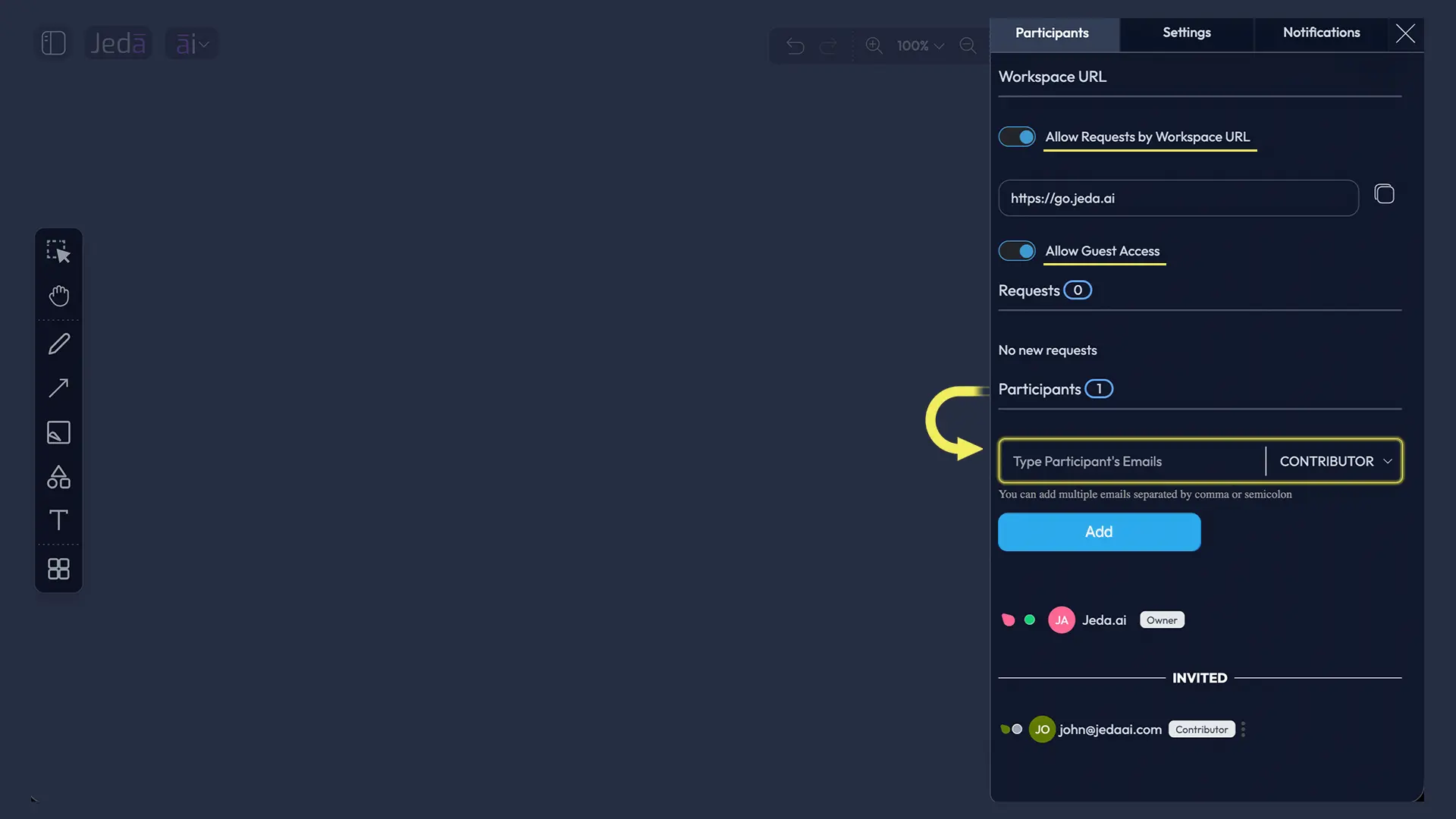 Workspace Settings panel showing Participants tab with workspace URL, Allow Requests toggle, Allow Guest Access toggle, email invite field, and role selector