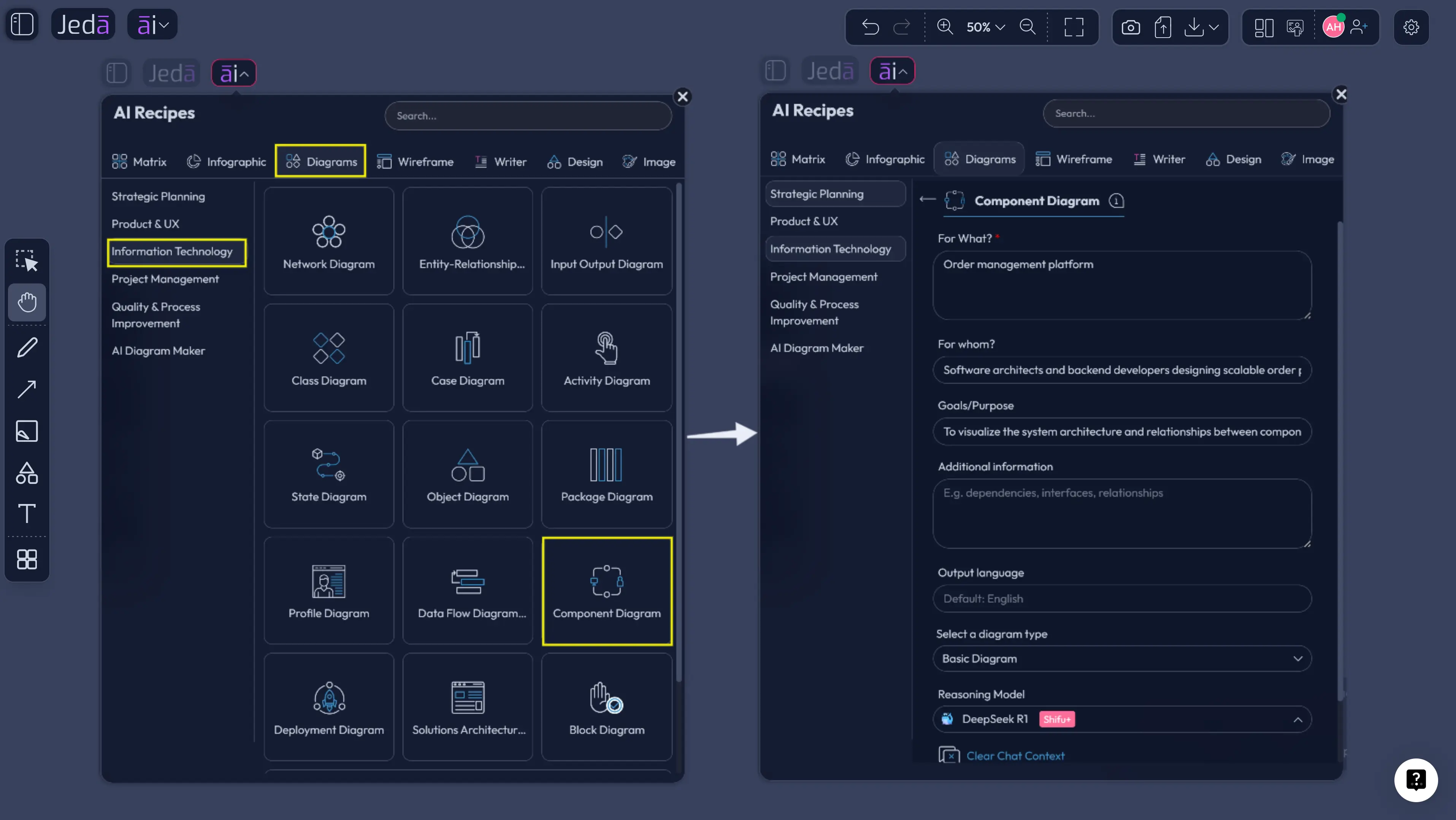 Jeda.ai Component Diagram recipe settings and layout options