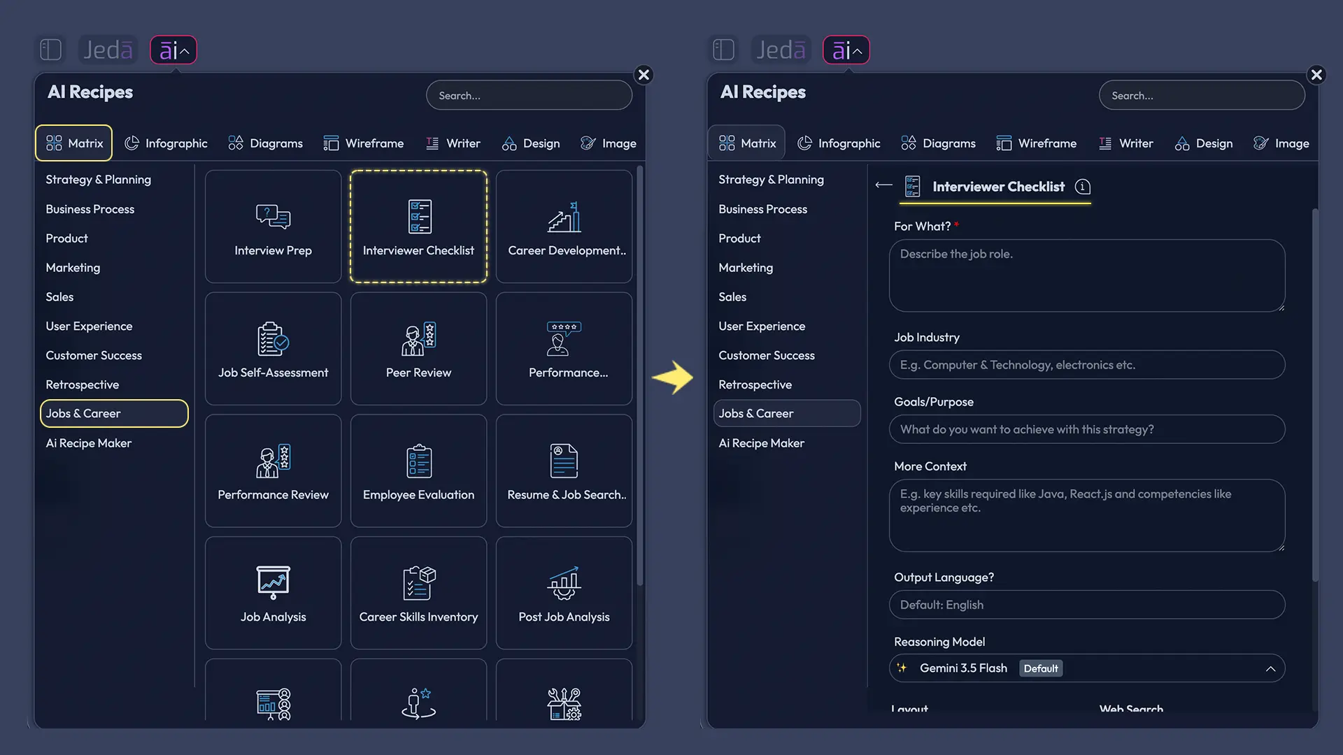 Interviewer Checklist with AI recipe fields and controls