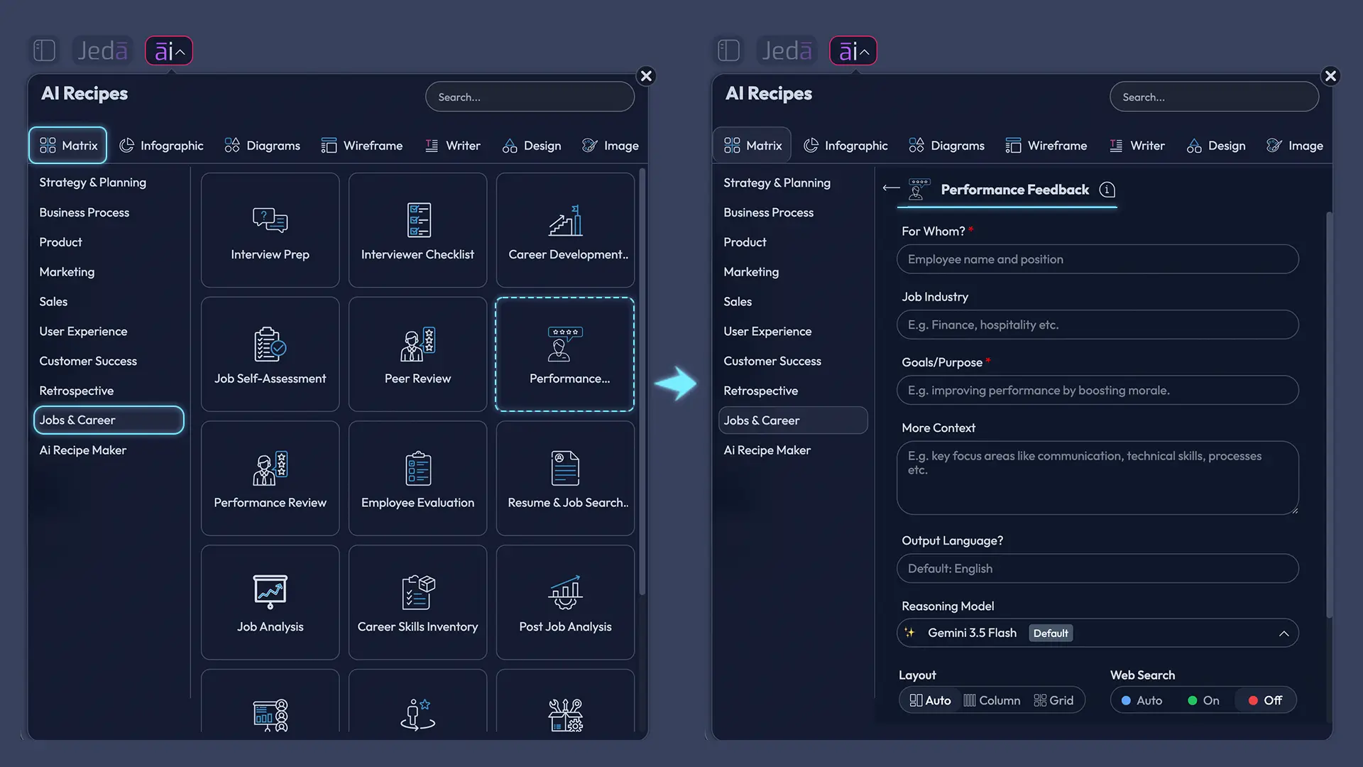Performance Feedback with AI recipe fields and controls
