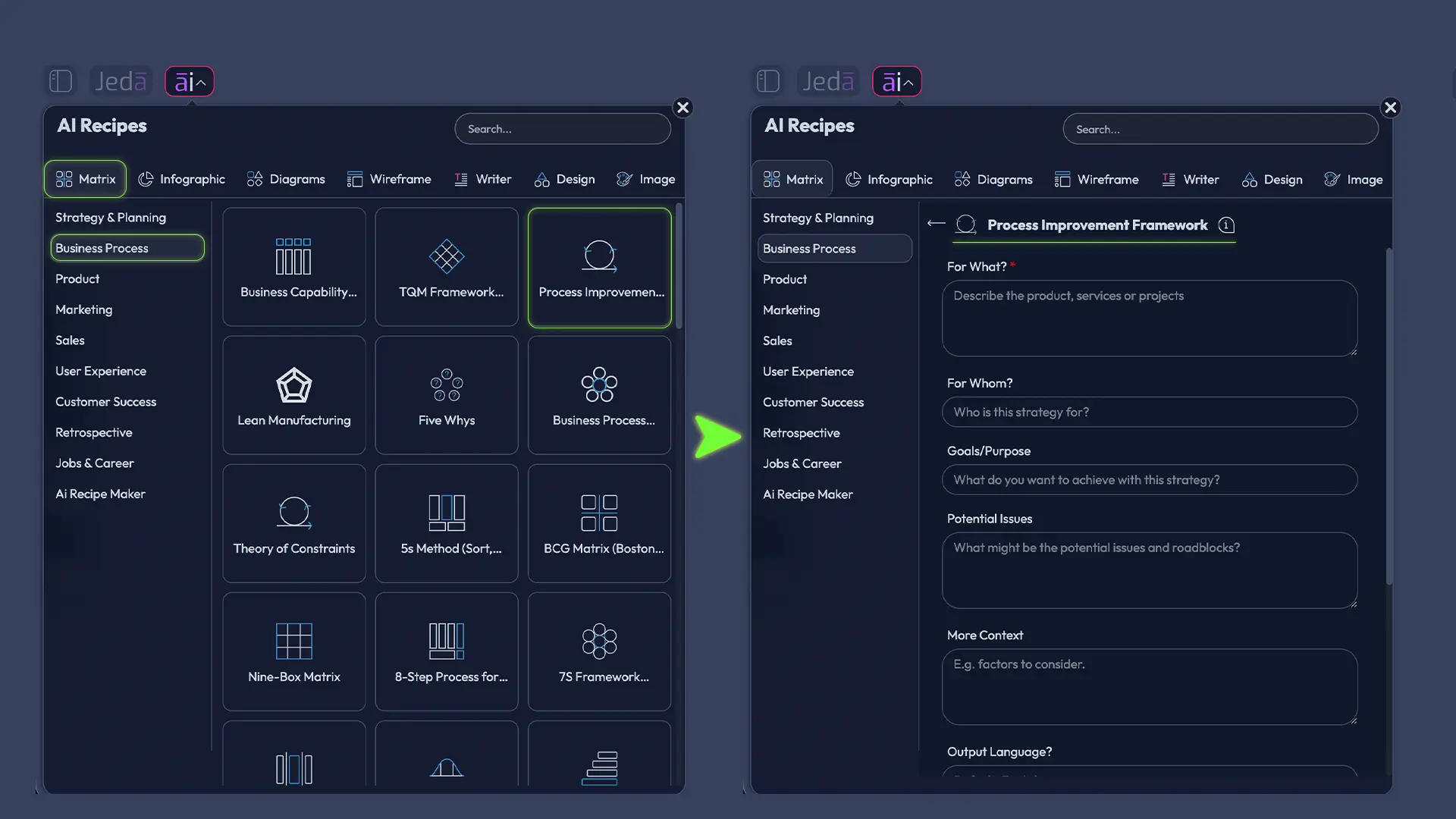 Jeda.ai AI Menu matrix recipe screenshot