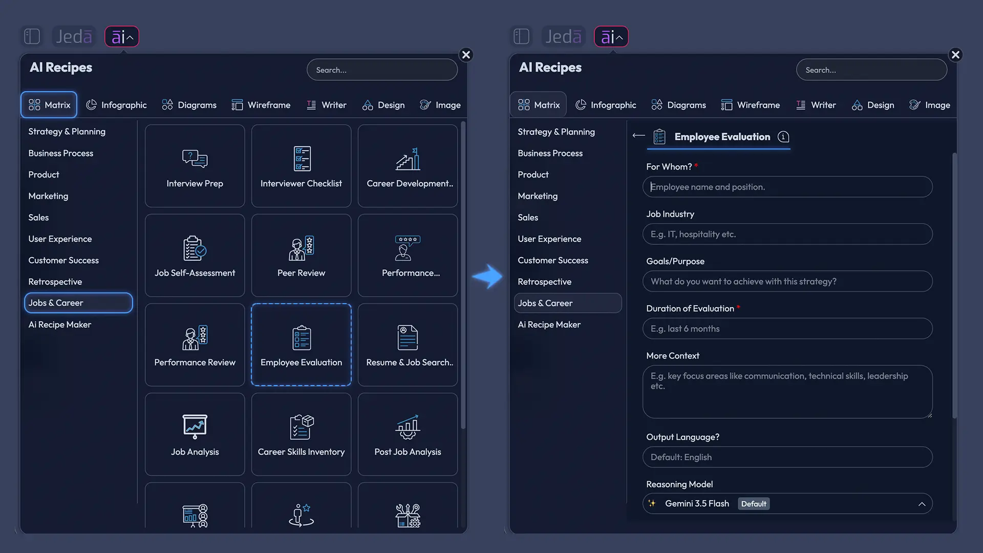 Employee Evaluation with AI recipe fields and controls