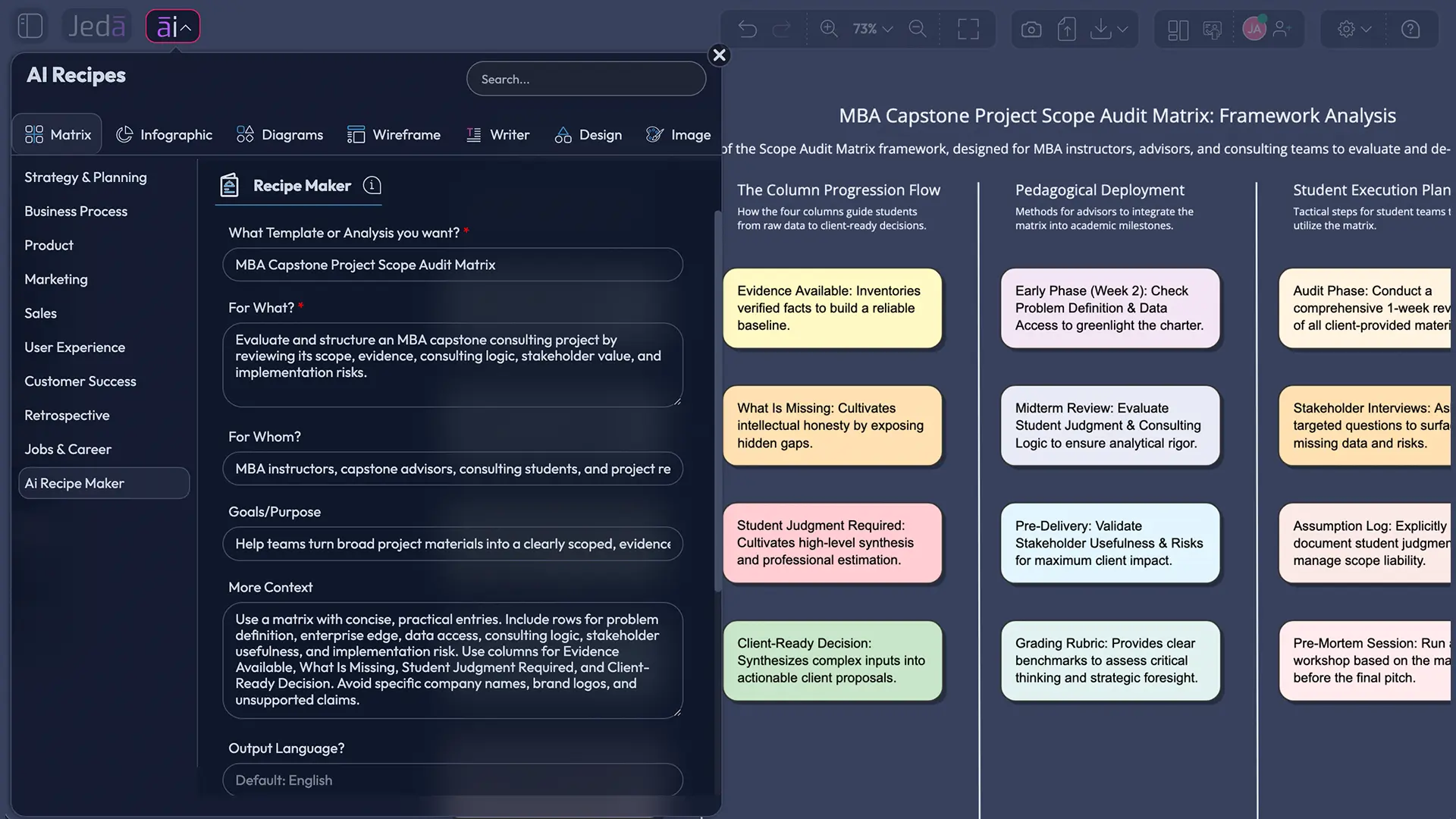 Framework canvas linking evidence, options, risks, and recommendation