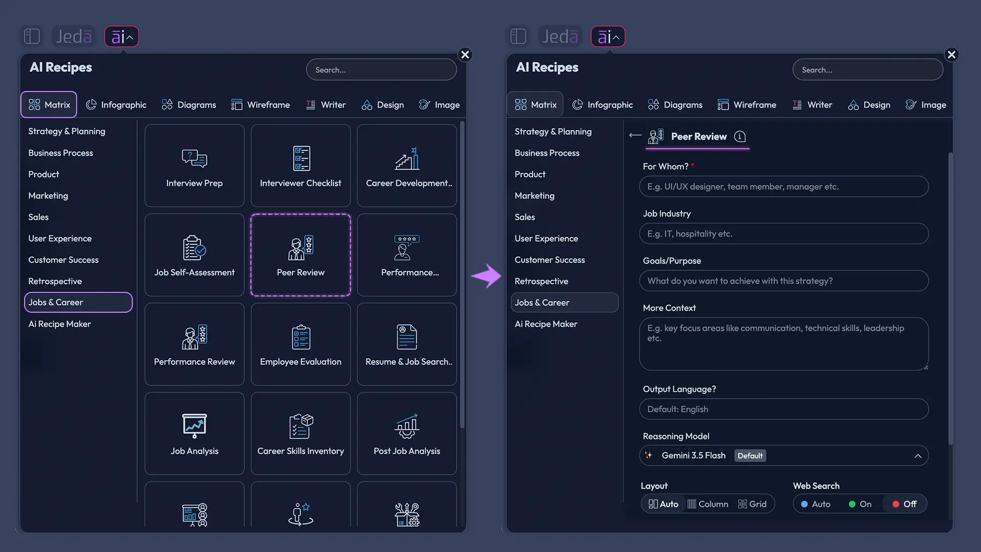 Peer Review with AI recipe fields and controls