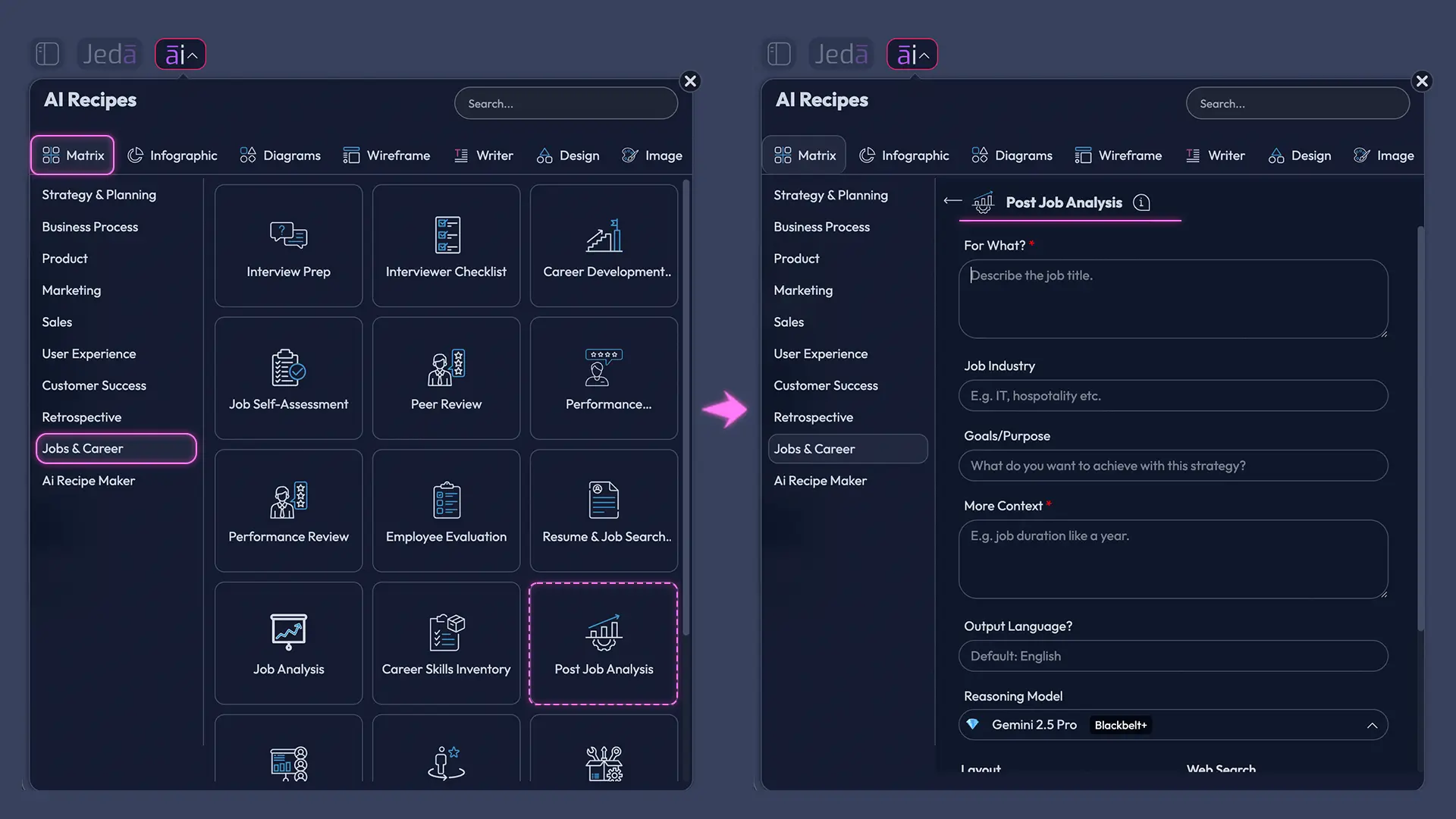 Post Job Analysis with AI recipe fields and controls