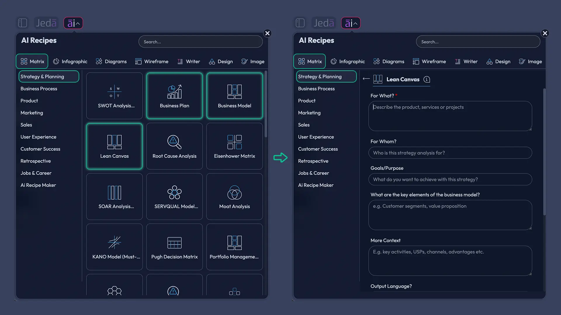 Jeda.ai AI Menu Matrix Recipes for business planning