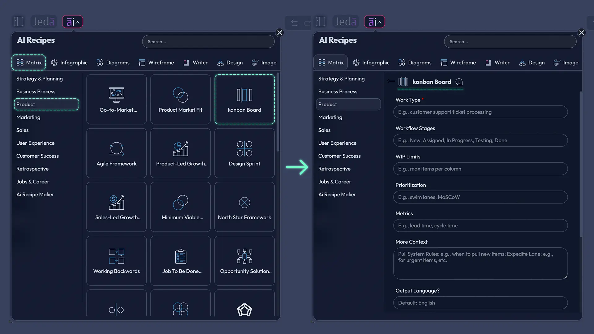 Kanban Board with AI recipe form fields