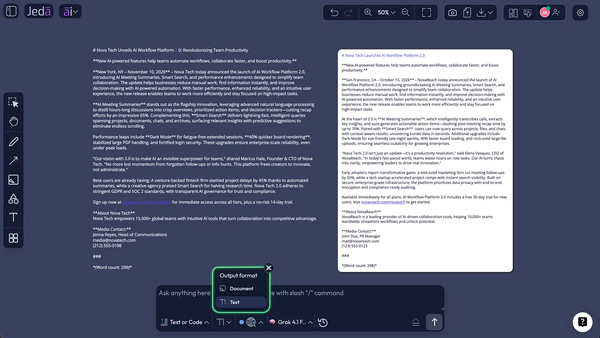 Press Release with AI output format selector