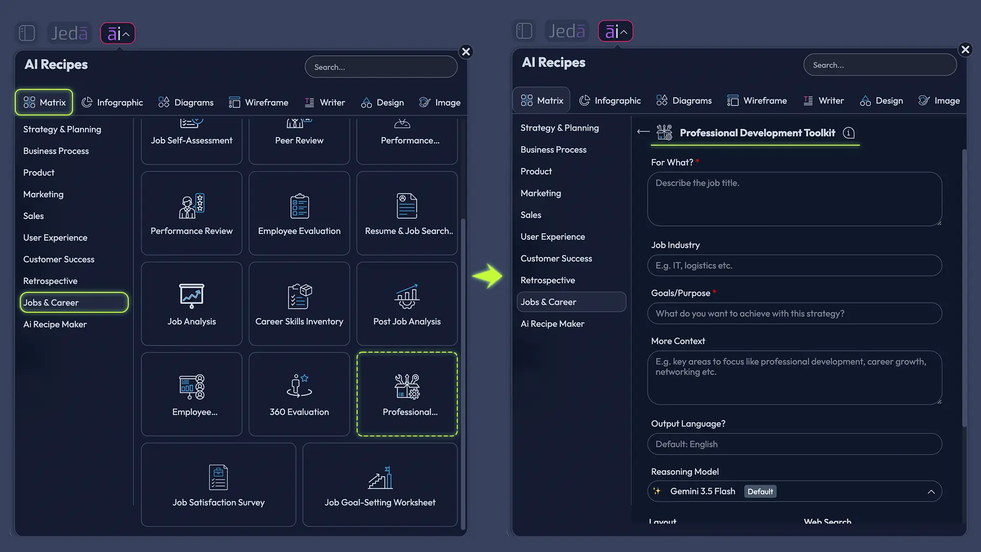 Professional Development Toolkit with AI recipe fields and controls