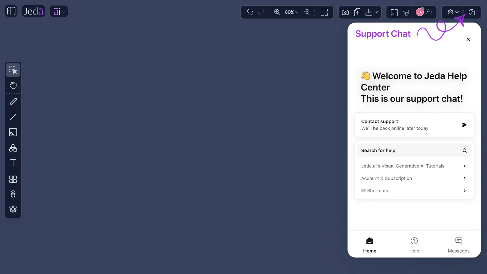 Top-right question mark support launcher in Jeda AI