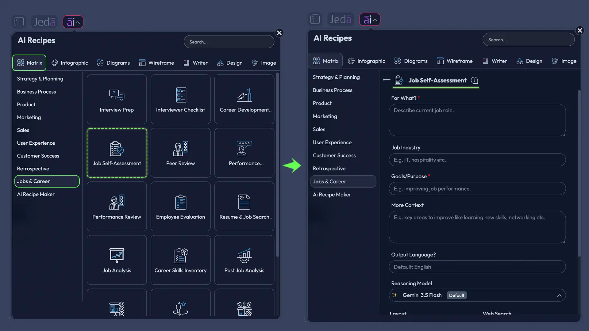 Job Self-Assessment with AI recipe fields and controls