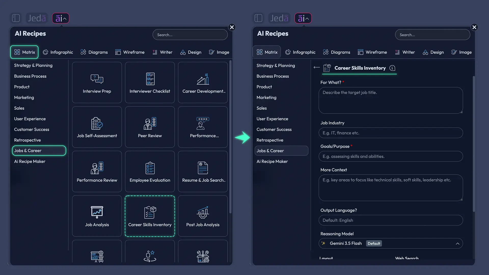 Career Skills Inventory with AI recipe fields and controls