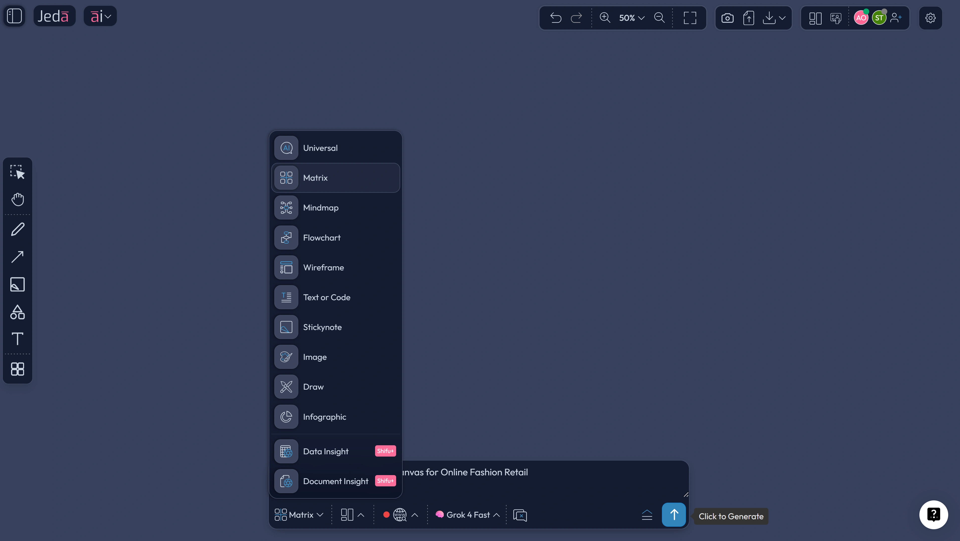 Jeda.ai Prompt Bar showing Matrix command to generate content marketing strategy