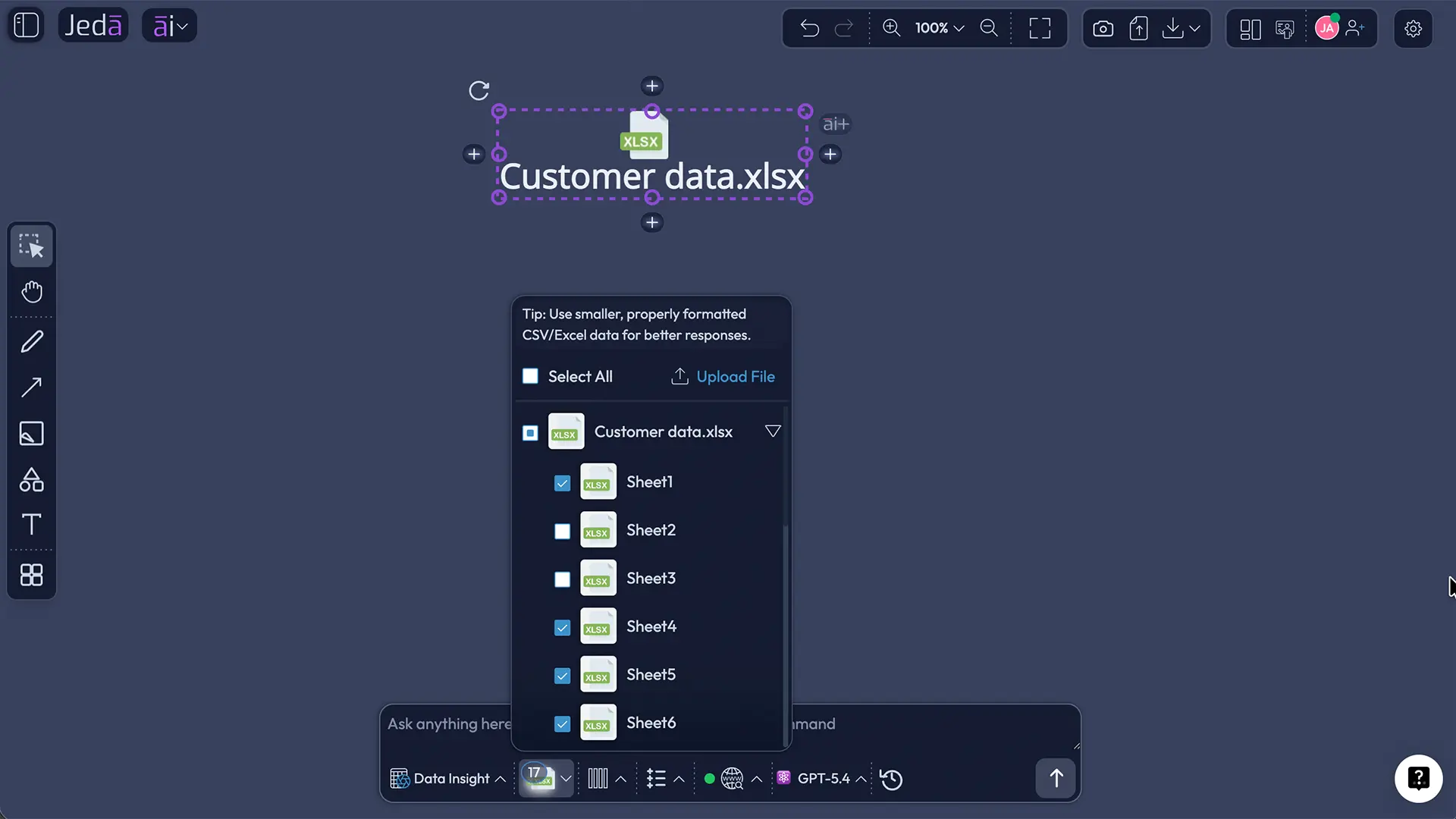 Excel sheet selection in Jeda AI Data Insight
