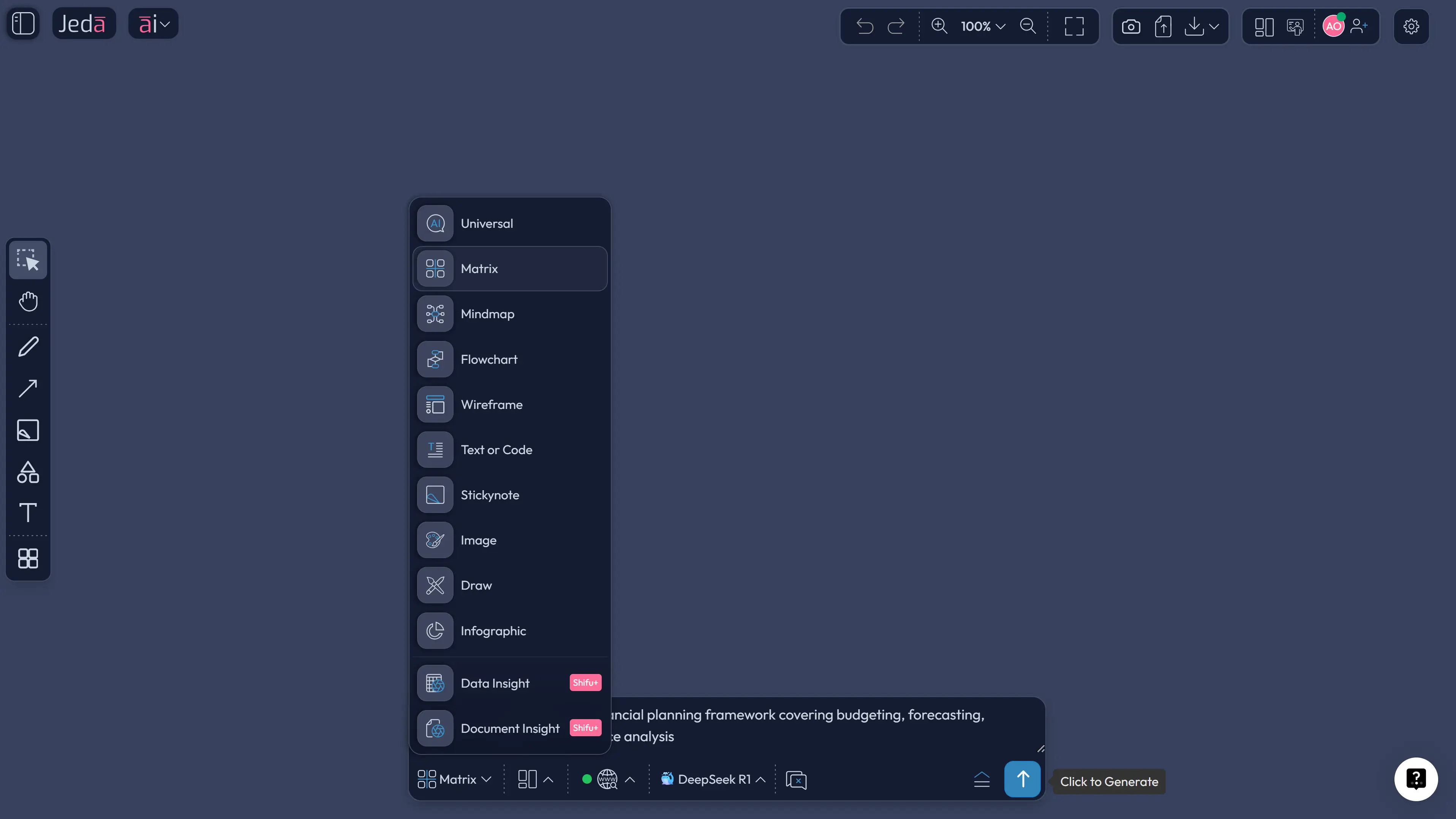 Jeda.ai Prompt Bar showing matrix command for financial planning